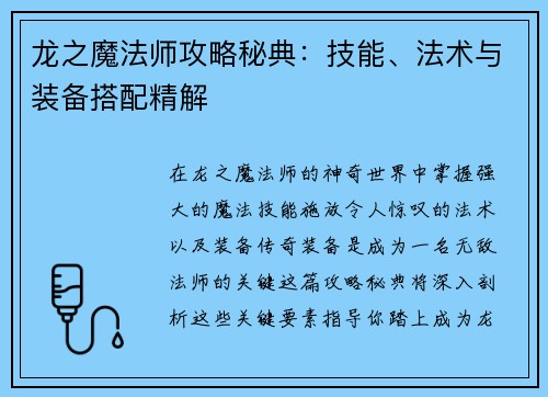 龙之魔法师攻略秘典:技能、法术与装备搭配精解